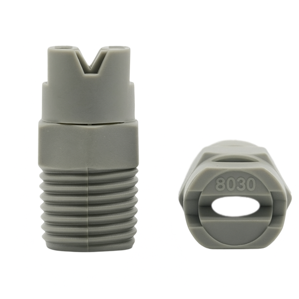 หัวฉีดแบบพัดพลาสติก PP เกลียวนอก 2 หุน รุ่น 8030 สีเทา พ่นมุม 80°