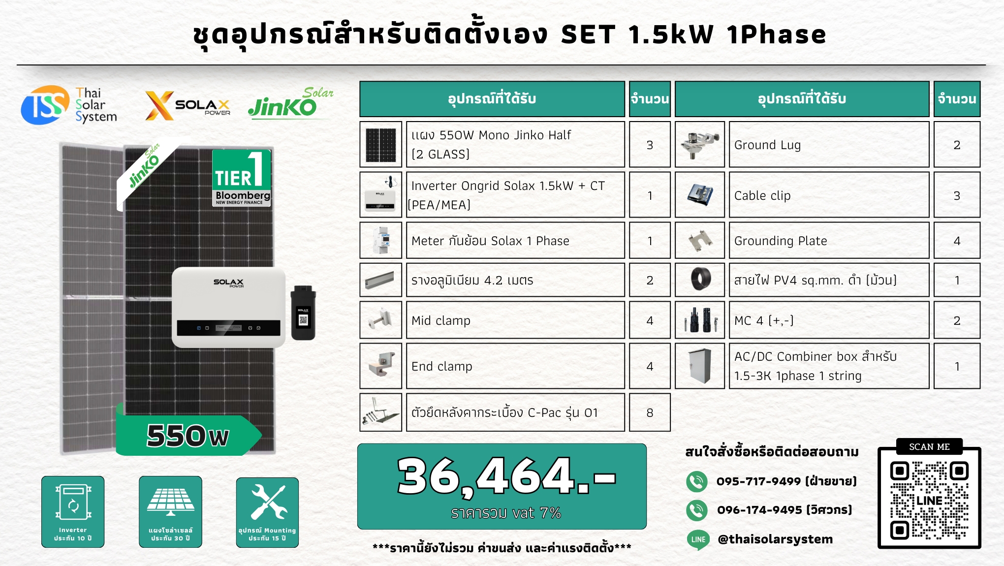 ชุด Ongrid Solax 1.5K เฉพาะของ (สำหรับไปติดตั้งเอง)