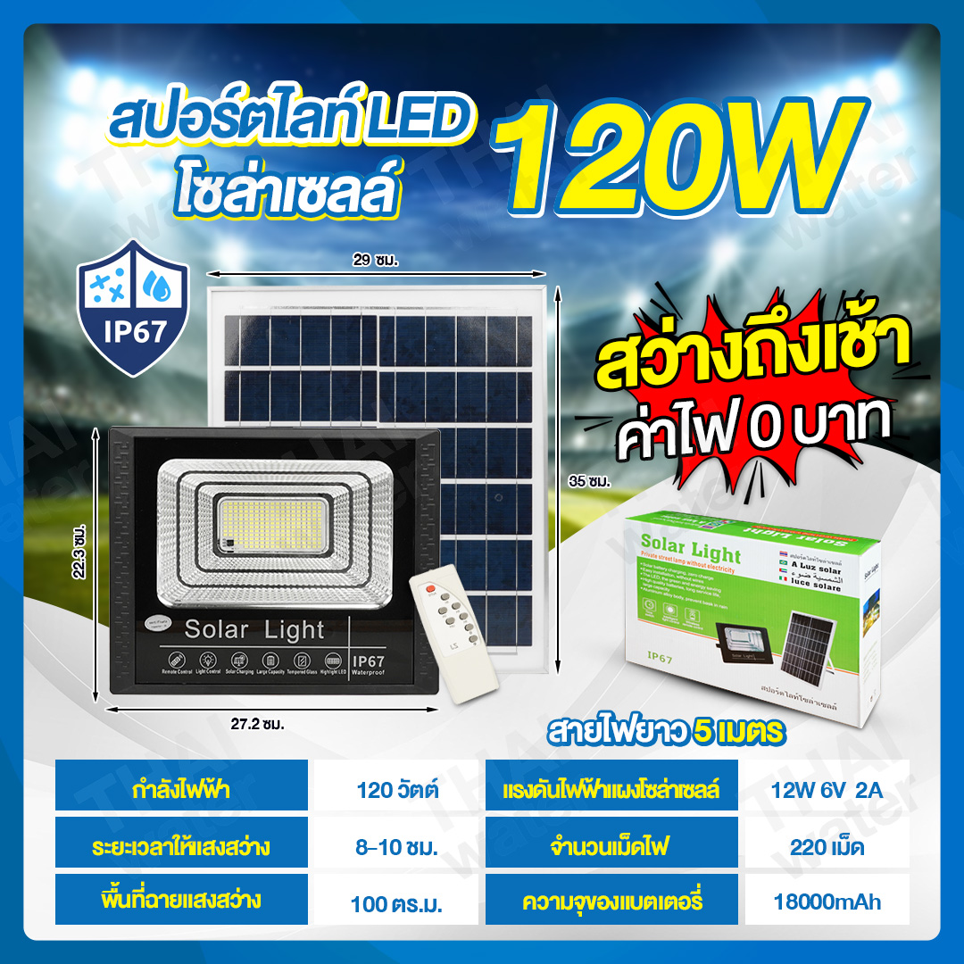 Solar Sportlight ชุดโคมไฟโซล่าเซลล์ 120W โคมไฟสปอร์ตไลท์+แผงโซล่าเซลล์ พร้อมรีโมทคอนโทรล