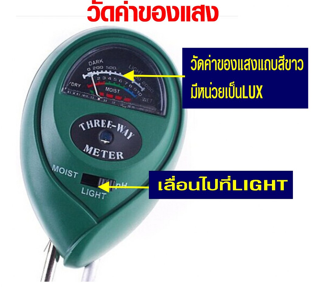 เครื่องวัดพีเอช PH เครื่องวัดอุณหภูมิ เครื่องวัดความชื้นในดิน Soil Meter PH ความเป็นกรด-ด่างความชื้นในดิน และความสว่าง 3 in 1 Soil PH Meter SKU-776