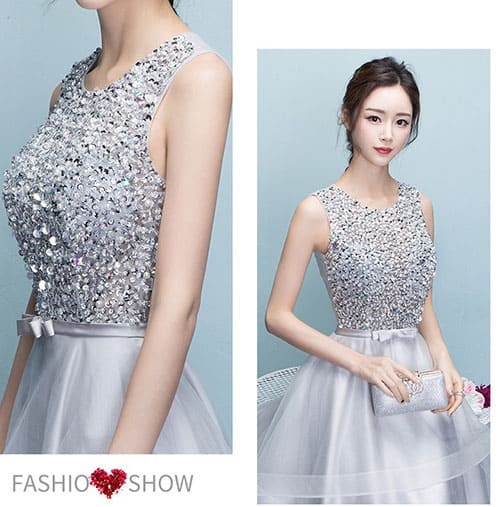 ชุดราตรี หน้าสั้นหลังยาว แขนกุด สีเทา พร้อมส่ง L ช่วงบนปัก กระโปรงผ้าตาข่าย