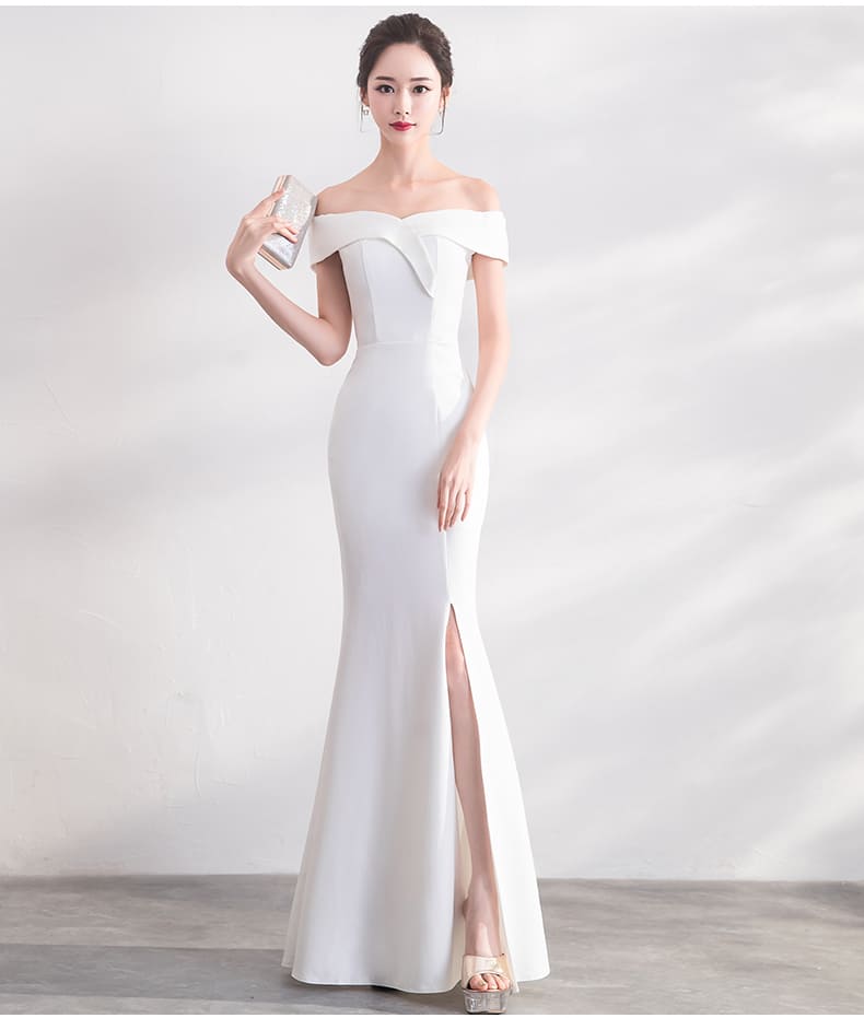 ชุดราตรียาว ไหล่ปาด สีขาว ซิปหลัง แบบเรียบหรู พร้อมส่ง XL