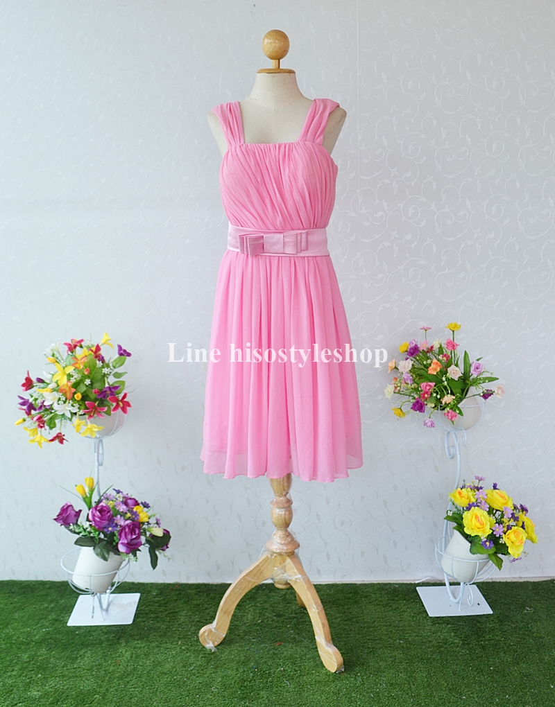 พร้อมส่ง Size 6XL ชุดราตรีสั้น **สามารถใส่ได้7แบบ** ผ้าชีฟอง แต่งโบว์เข็มกลัดหัวใจที่เอว ซิปหลัง