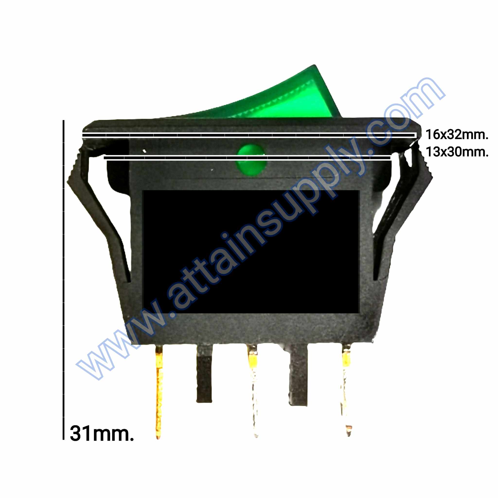 สวิทช์ IO เหลี่ยมบาง 220V./3ขา มีไฟ-สีเขียว