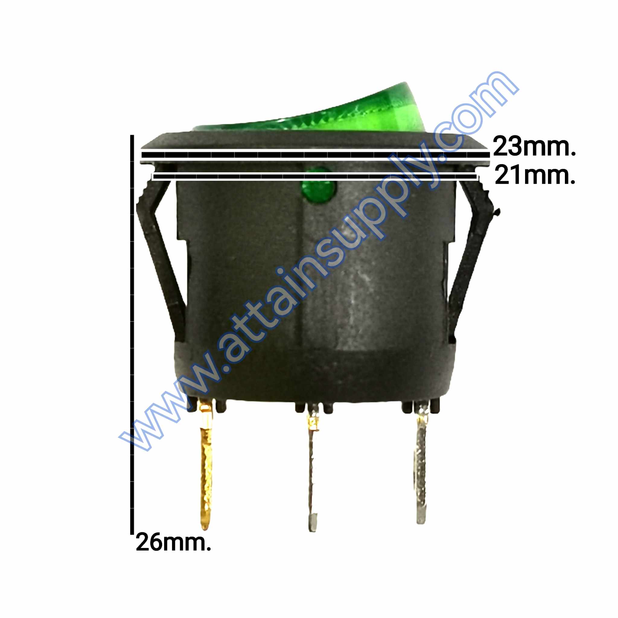 สวิทช์ IO กลม-ฐานกลม 220V./3ขา มีไฟ-สีเขียว