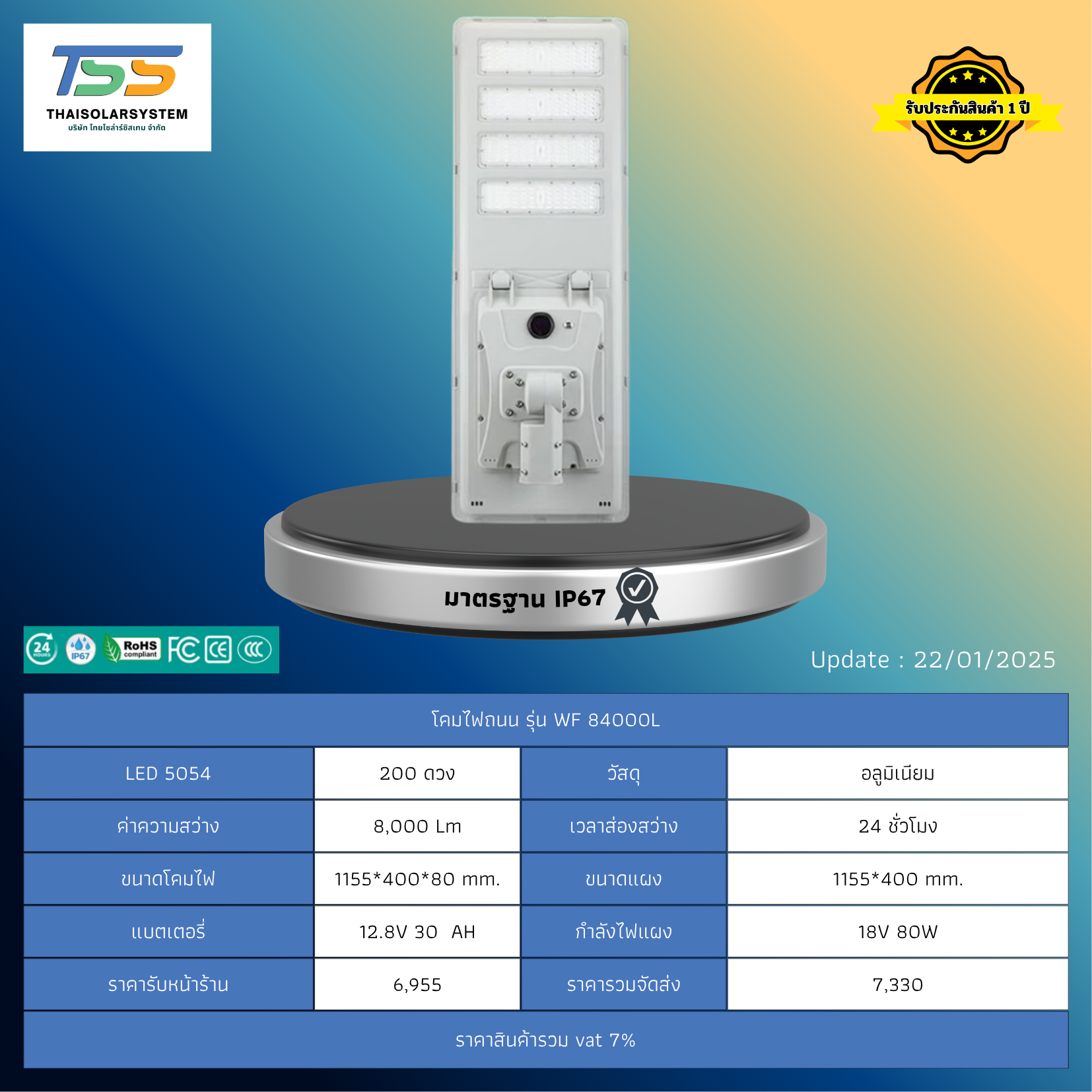 โคมไฟถนน โซล่าร์เซลล์ รุ่น WF-84000L