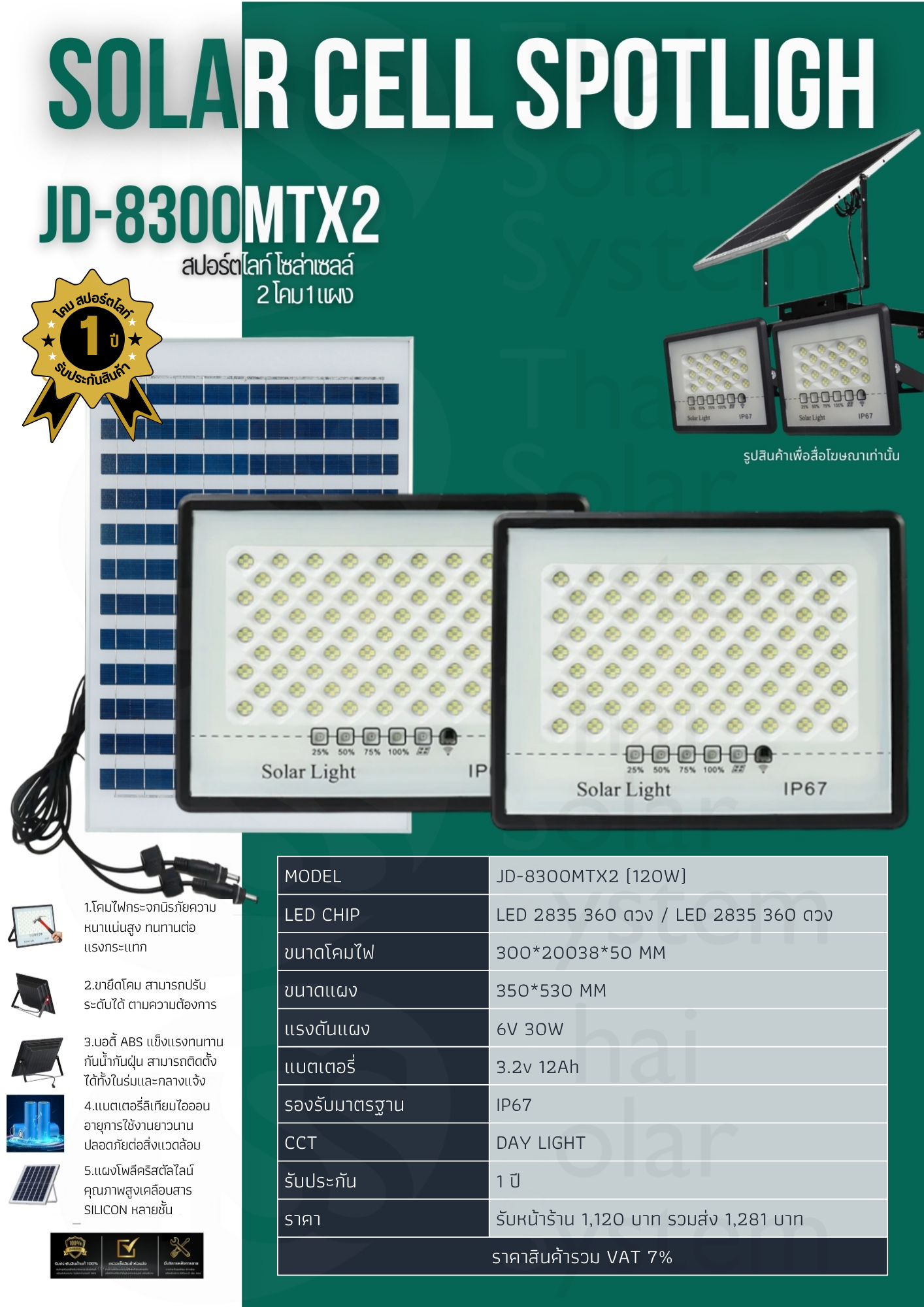 Spot Light โซล่าเซลล์ JD-8300MTX2 ขนาด 300w
