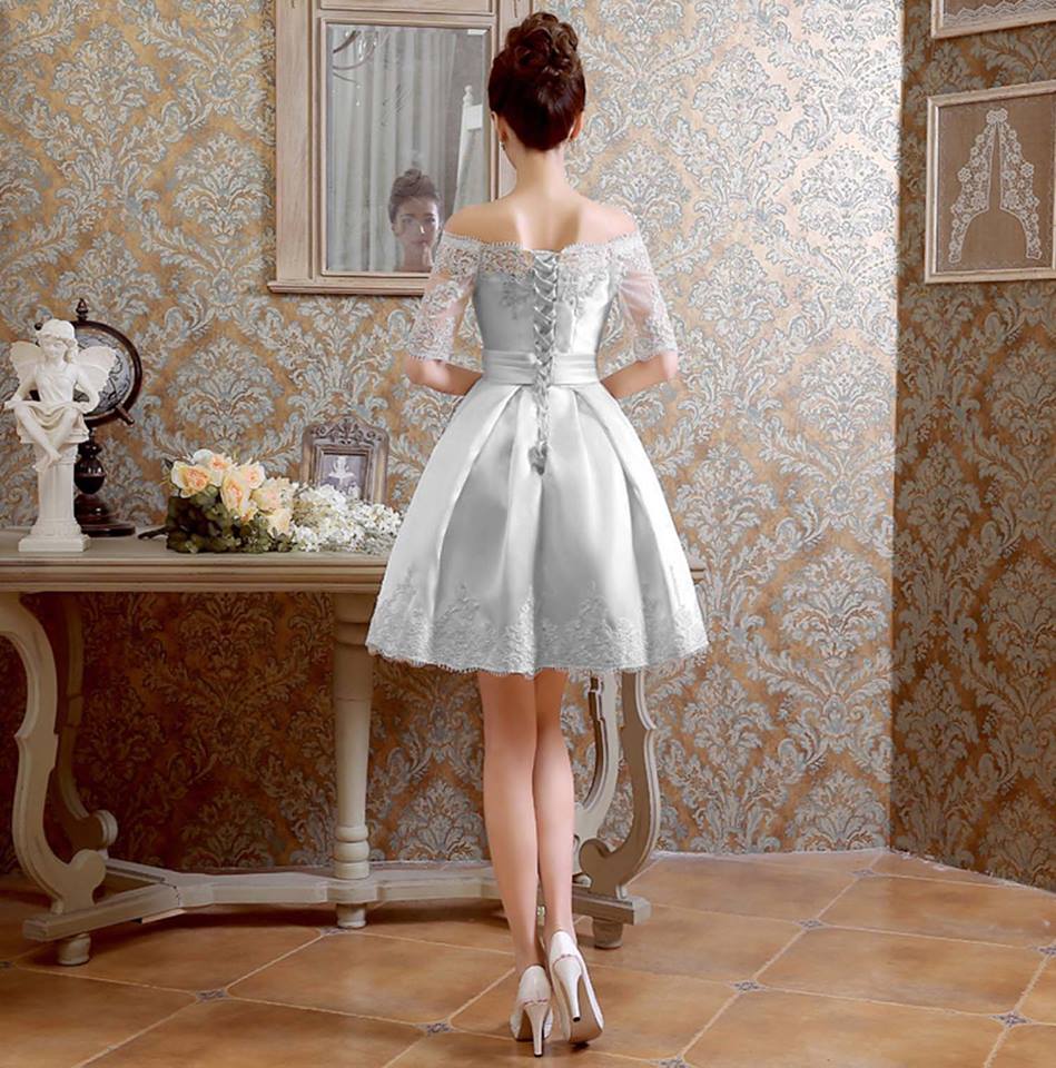 ชุดราตรีสั้น ไหล่ปาด สีเทาเงิน แขนสามส่วน ผ้าไหมดัชเชส