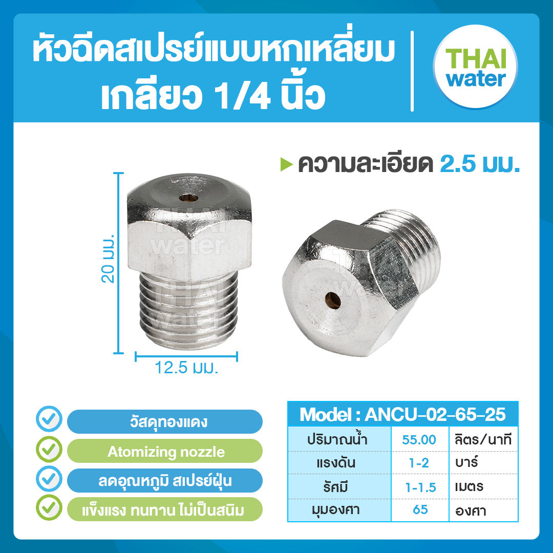 04-ANCU-02-6525 หัวฉีดสเปรย์แบบหกเหลี่ยม ทองแดง เกลียว 1/4'' 2.5 มม. 65องศา Atomizing nozzle