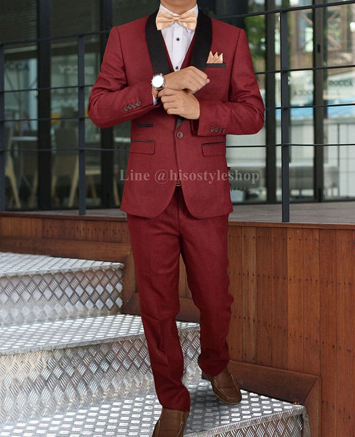 สูทเจ้าบ่าว เกรดพรีเมี่ยม สีไวน์แดง ปกดำเงา Size L (สูท+เสื้อกั๊ก+กางเกง)