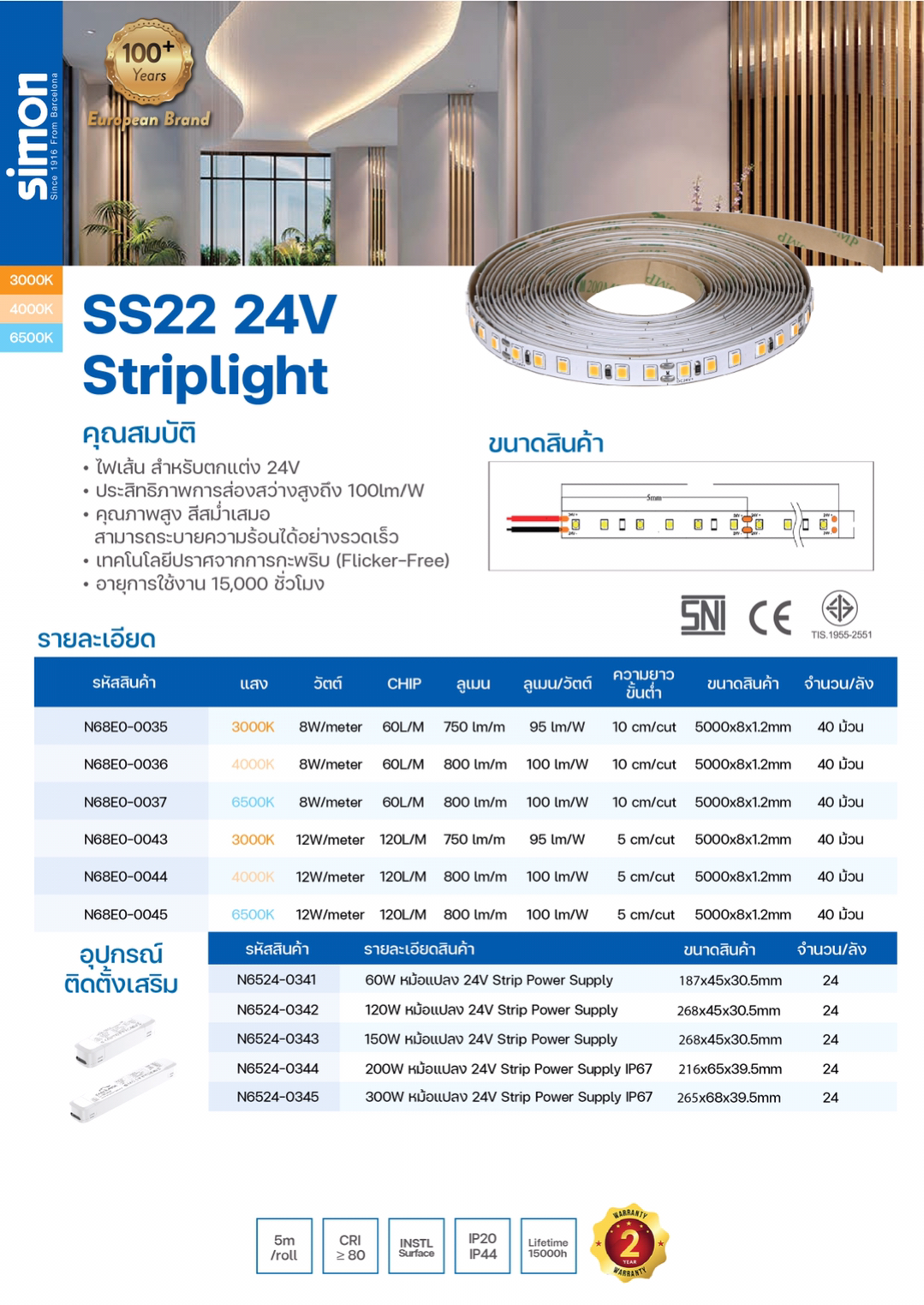 Strip SS22 24V IP20 5 เมตร 8W