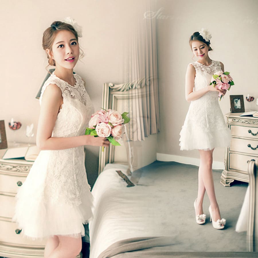 ชุดราตรีสั้น แขนกุด ลูกไม้ สีขาว ซิปหลัง พร้อมส่ง L