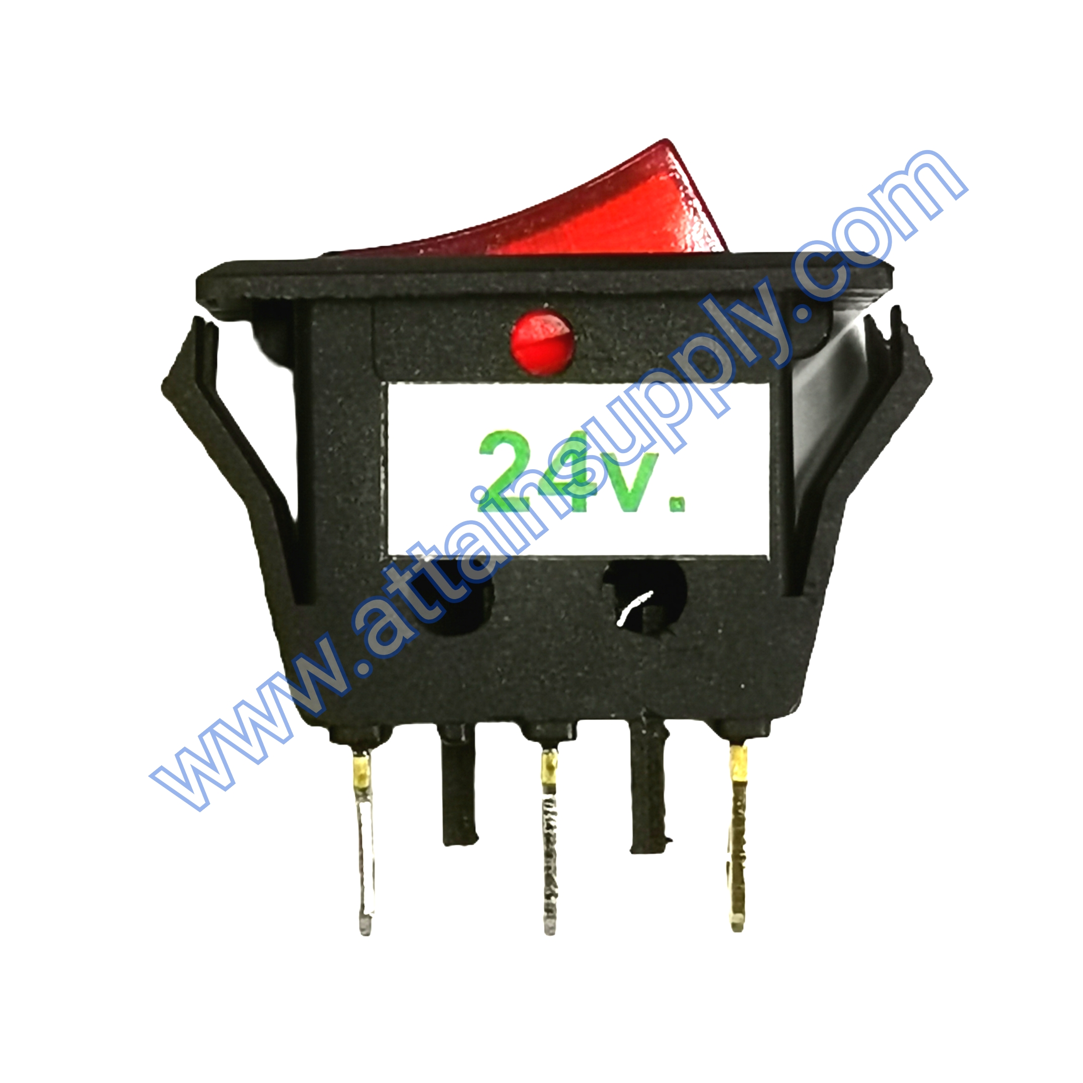 สวิทช์ ขอบจุดขาว-เหลี่ยมบาง 24V./3ขา มีไฟ-สีแดง