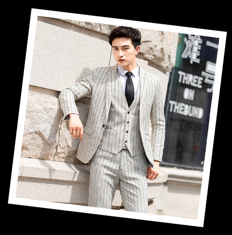 ชุดสูทชาย ลายริ้ว สีขาวครีม 3ชิ้น สูท+เสื้อกั๊ก+กางเกง