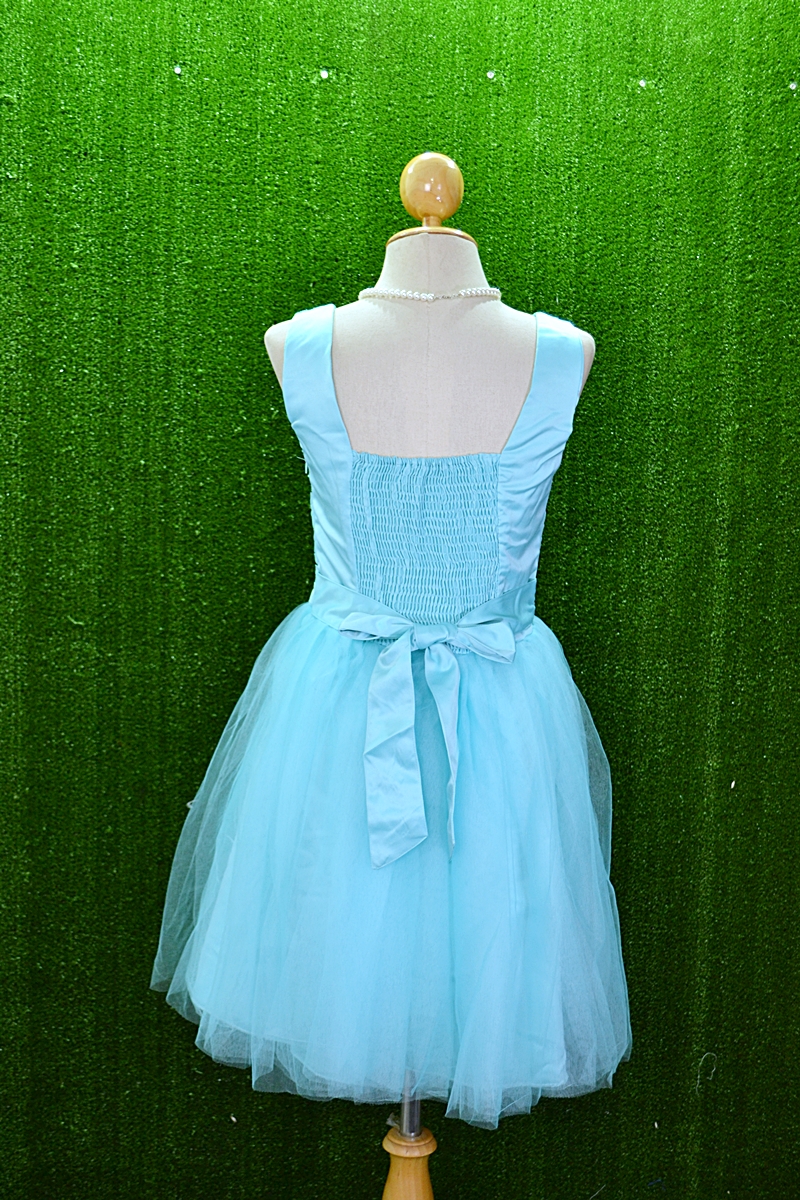 พร้อมส่ง S-3XL ชุดราตรีสั้น "สีฟ้ามินต์" แขนกุด ปัดช่วงอก แต่งดอกไม้ที่เอว กระโปรงตาข่ายอย่างดี