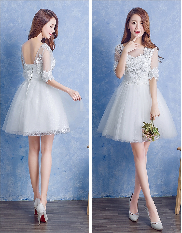 ชุดราตรีสั้น สีขาว แขนสามส่วน Size L งานร้อยหลัง
