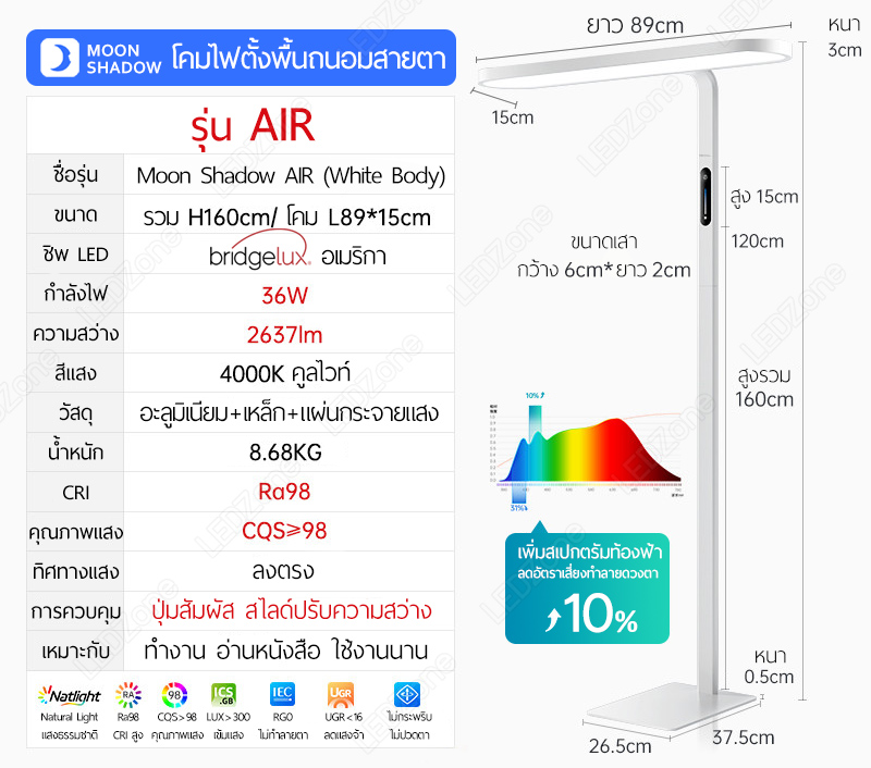 Moon Shadow โคมไฟตั้งพื้นถนอมสายตา รุ่น Air36W สีขาว สูง 160cm ควบคุมแบบสัมผัส ชิพ Bridgelux