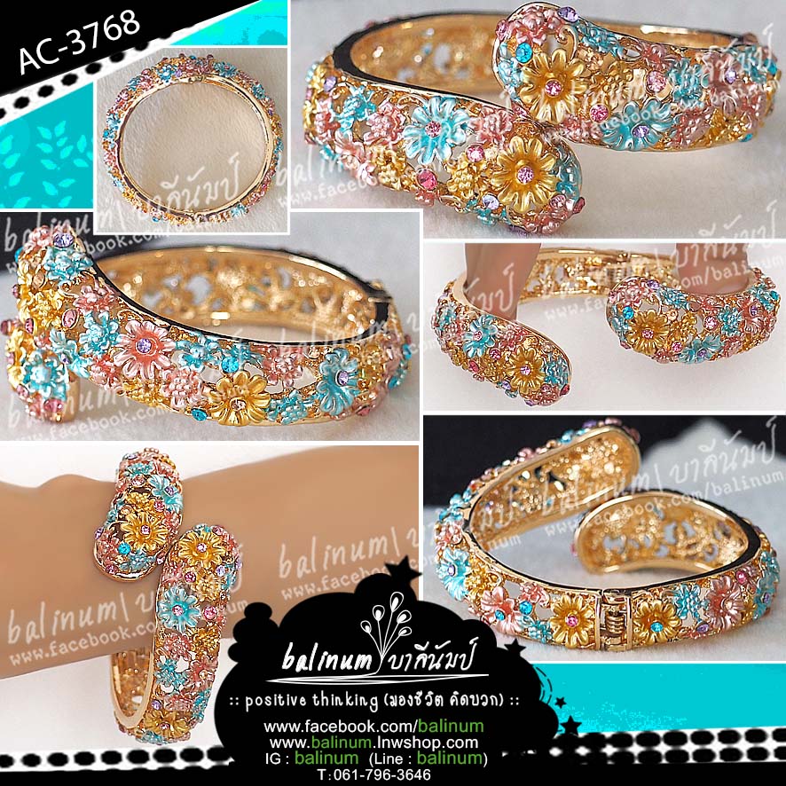 Bohemian Bangle กำไลเกลียวดอกไม้ ประดับเพชร สะท้อนเล่นไฟระยิบระยับ ดูหรูหราและสวยงามมากค่ะ สวมใส่ง่าย เพราะเป็นแบบง้าง ทอง (Gold)