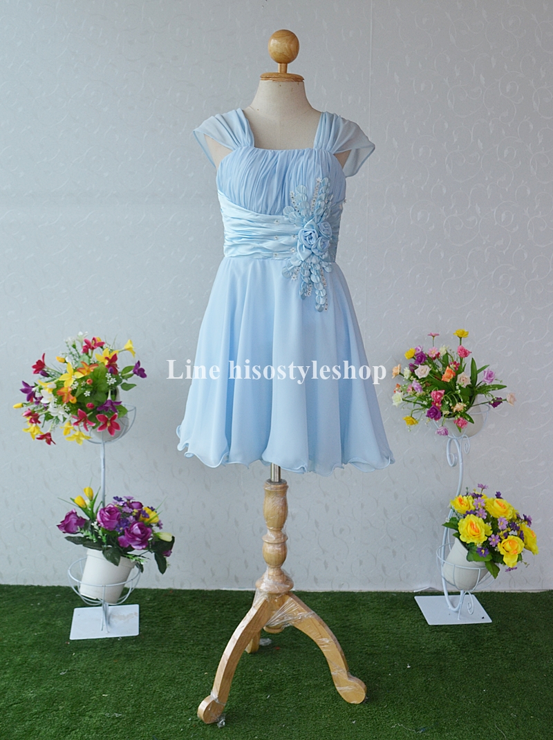 พร้อมส่ง ชุดราตรีสั้น ผ้าชีฟอง แต่งดอกไม้ที่เอว ชุดนี้สามารถใส่ได้ 7 แบบ