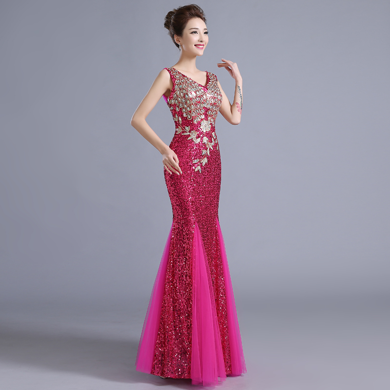 ชุดราตรียาว ทรงหางปลา ผ้าเลื่อม สีชมพูบานเย็น **พร้อมส่ง M** ซิปหลัง