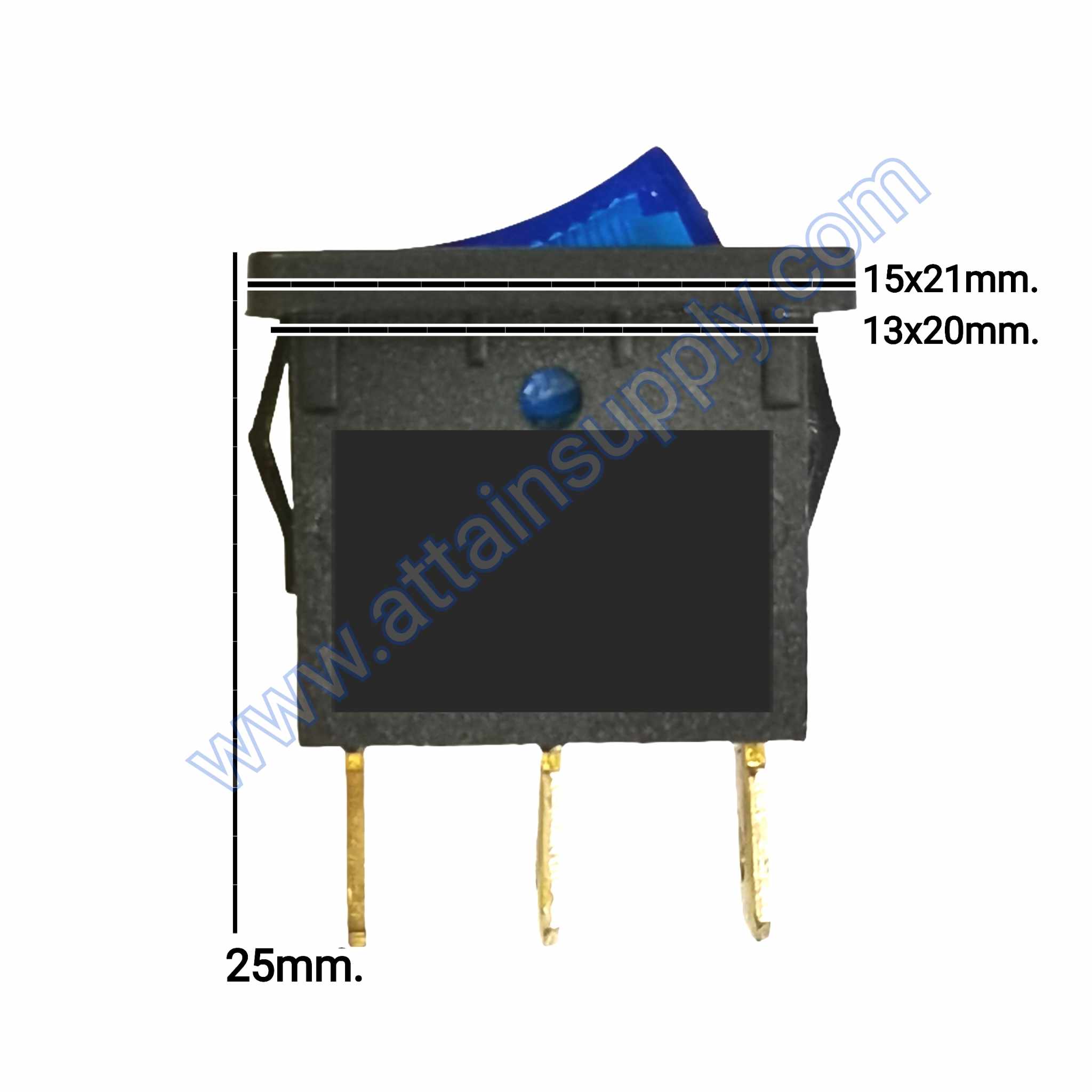 สวิทช์ ON-OFF เหลี่ยมเล็ก 220V./3ขา มีไฟ-สีน้ำเงิน