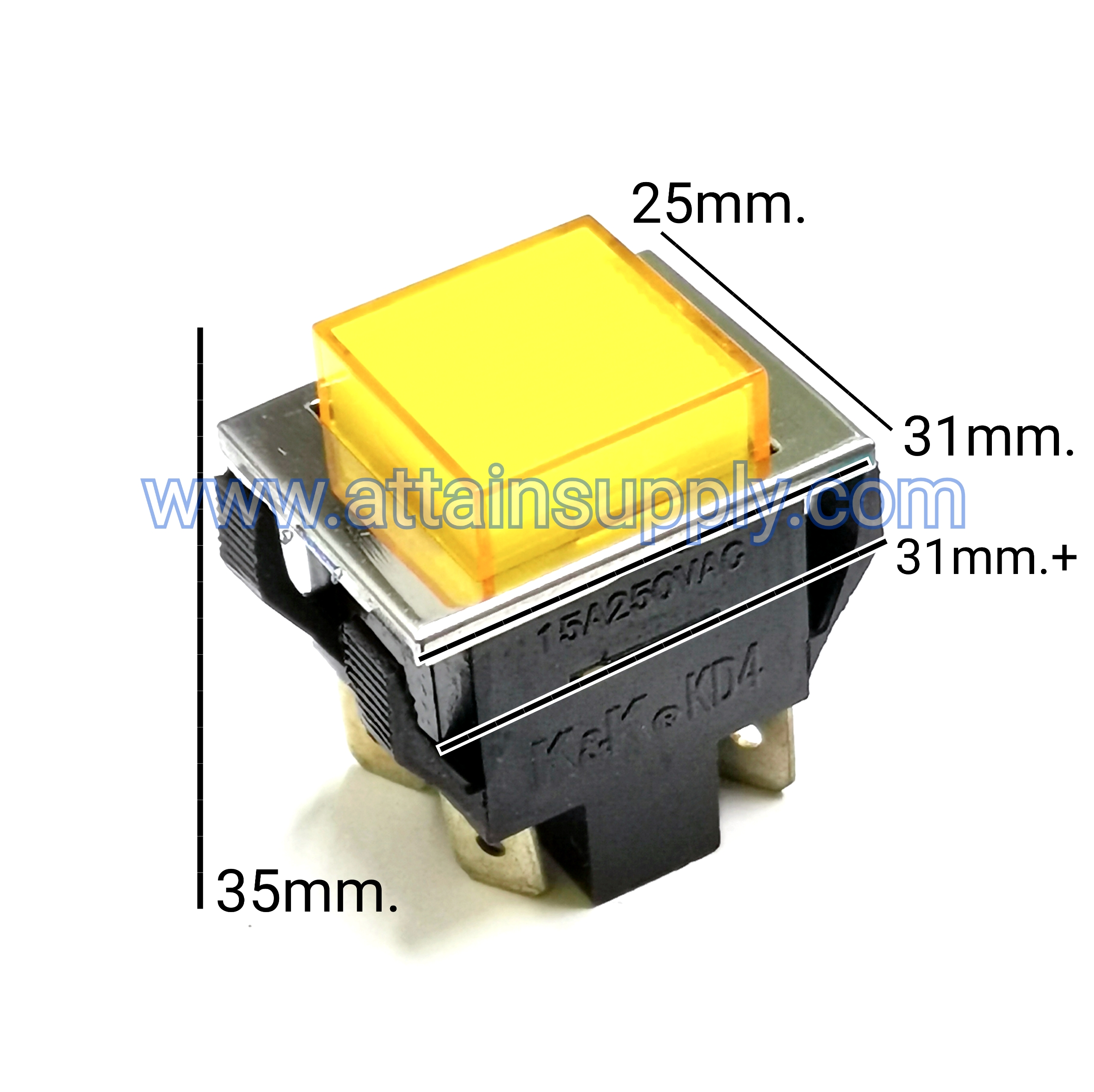 สวิทช์กดติด-ปล่อยดับ เหลี่ยมขอบเหล็ก4P.-ไม่มีไฟ/สีเหลือง