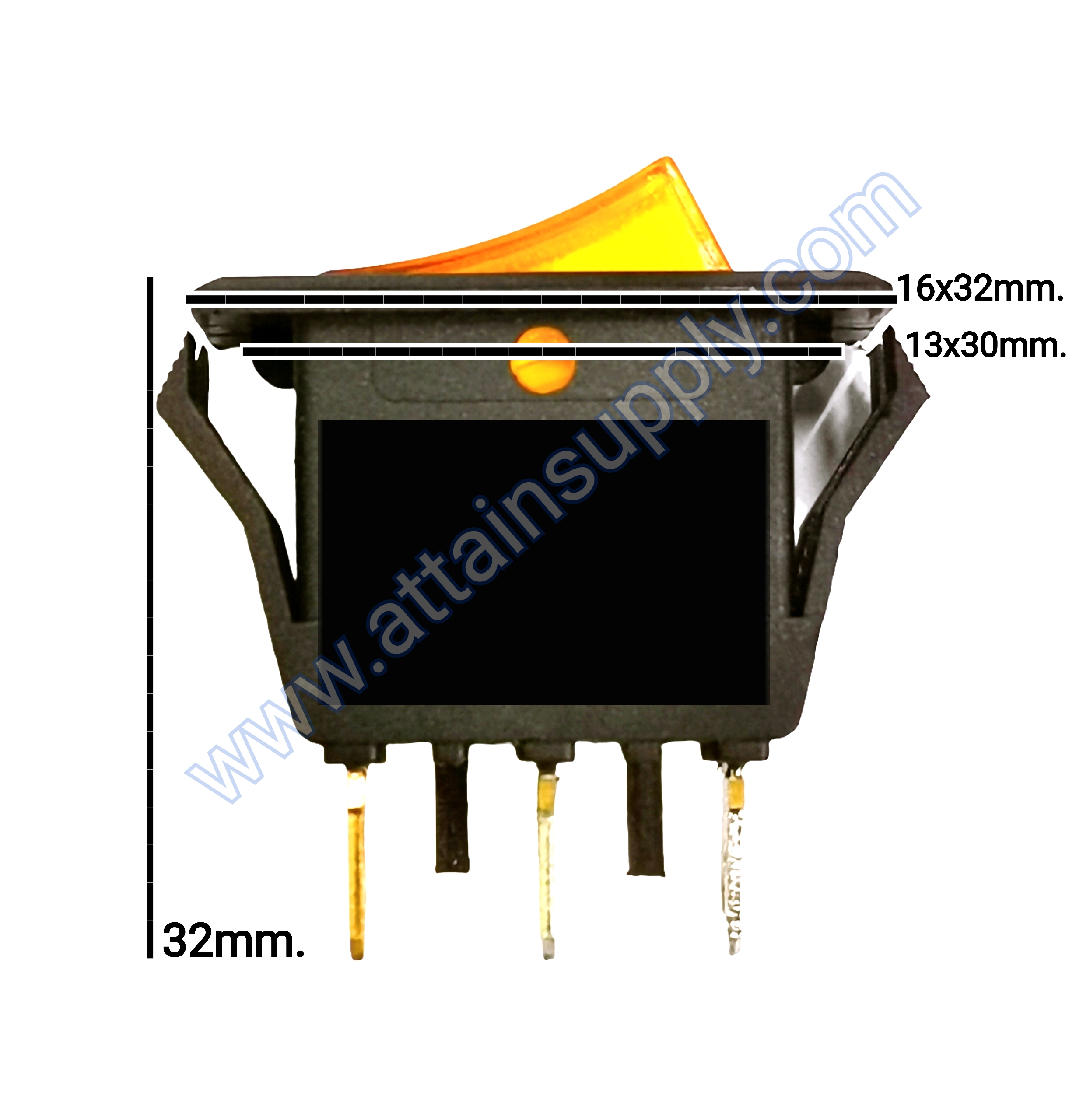 สวิทช์ ขอบจุดขาว-เหลี่ยมบาง 24V./3ขา มีไฟ-สีเหลือง