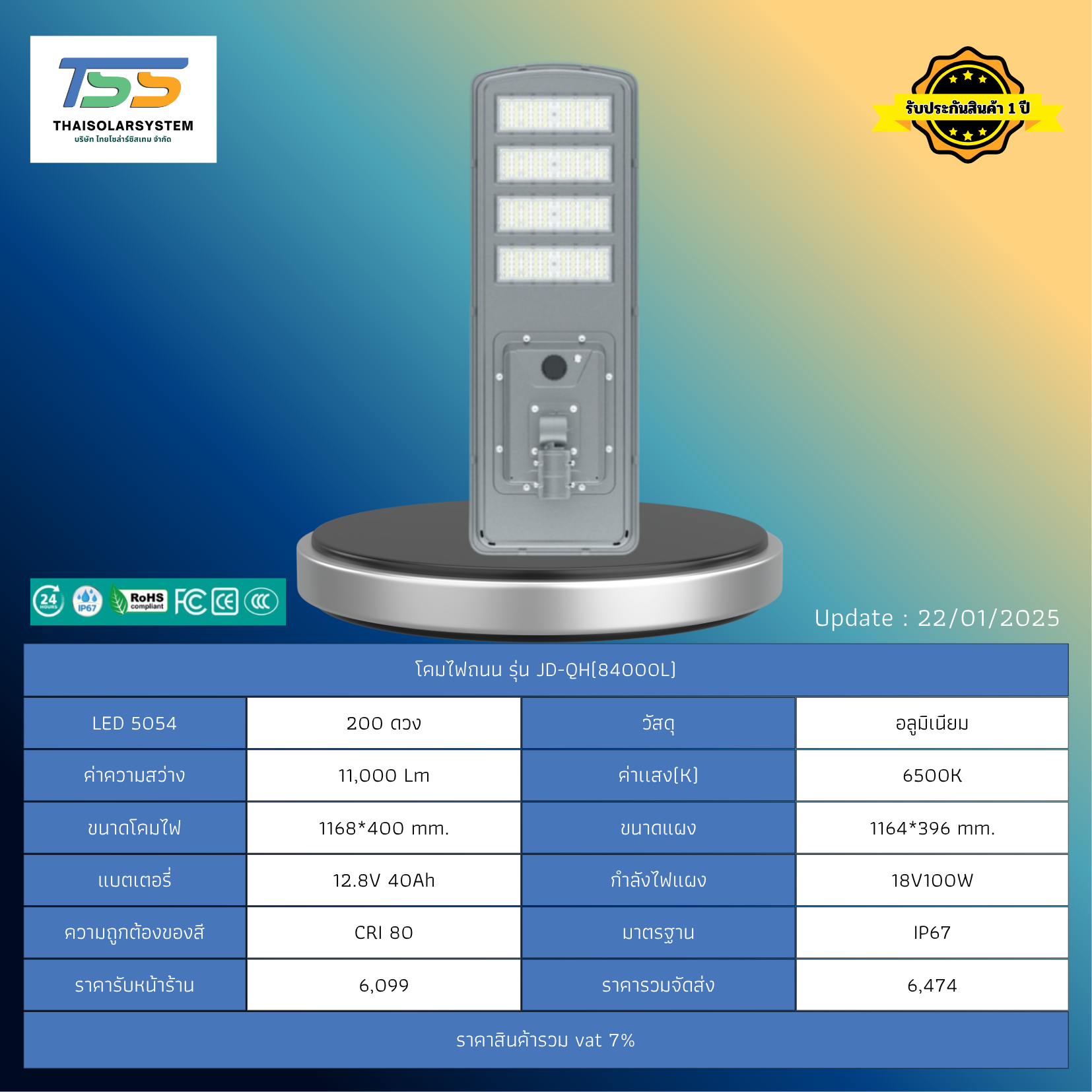 โคมไฟถนน โซล่าร์เซลล์ รุ่น JD-QH84000L