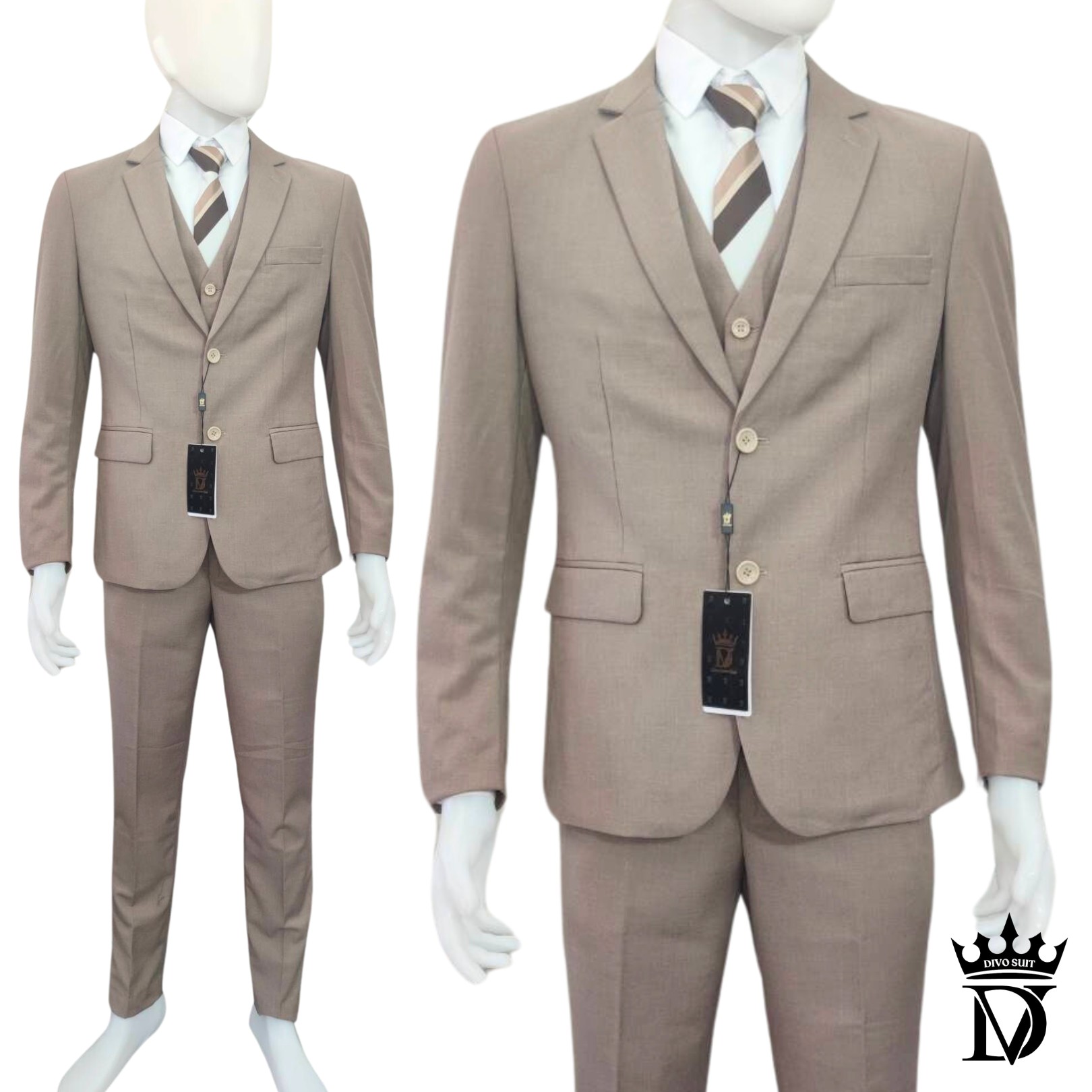 M-4XL ชุดสูทผู้ชาย เกรดพรีเมี่ยม แบรนด์ Divo เซต 2-3 ชิ้น สีน้ำตาลชาโคล เนื้อผ้าวูล เอวกางเกงยืดได้