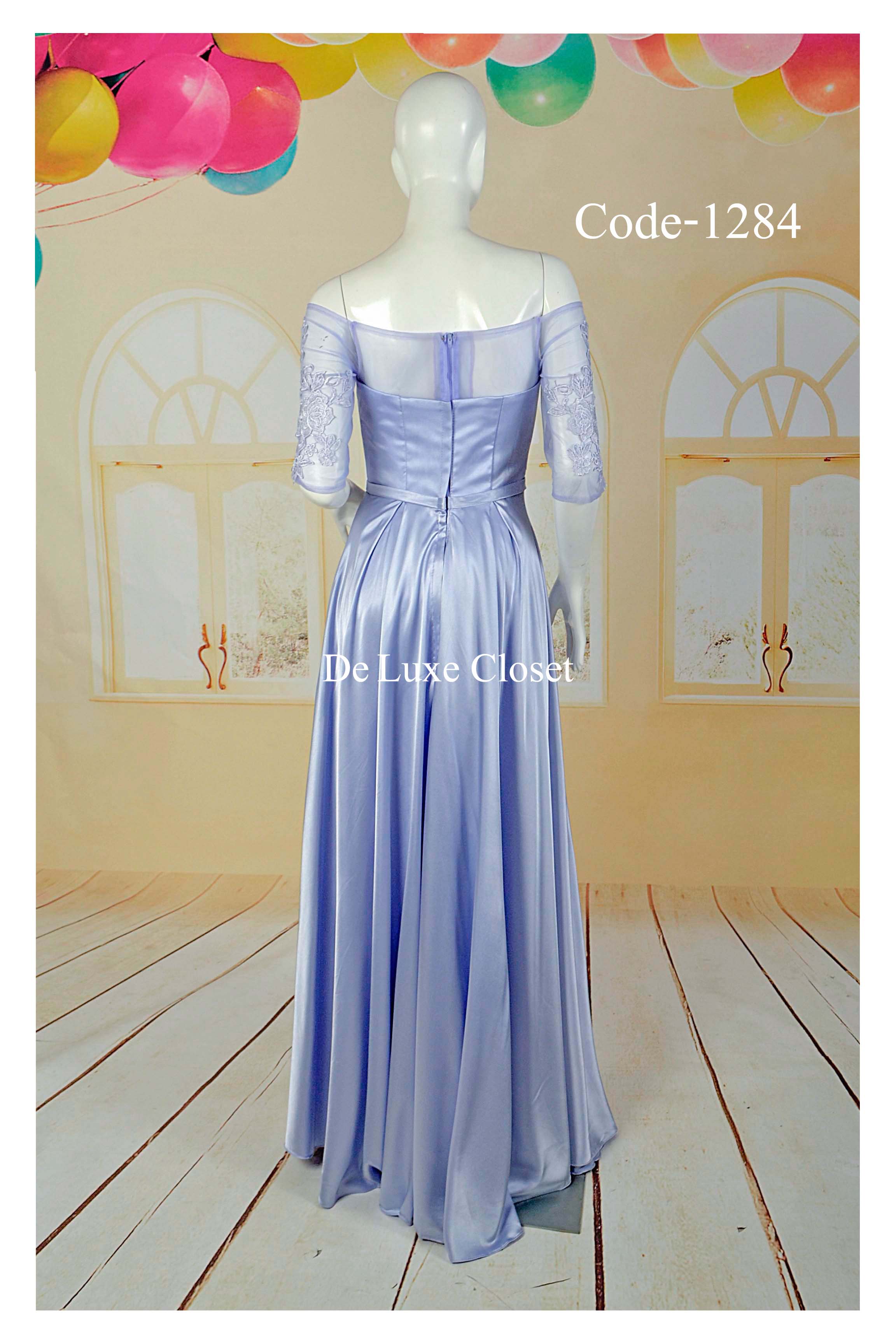 พร้อมส่ง Size XL ชุดราตรียาว ไหล่ปาด ซีทรู กระโปรงผ้าซาติน ดีไซด์เรียบหรู