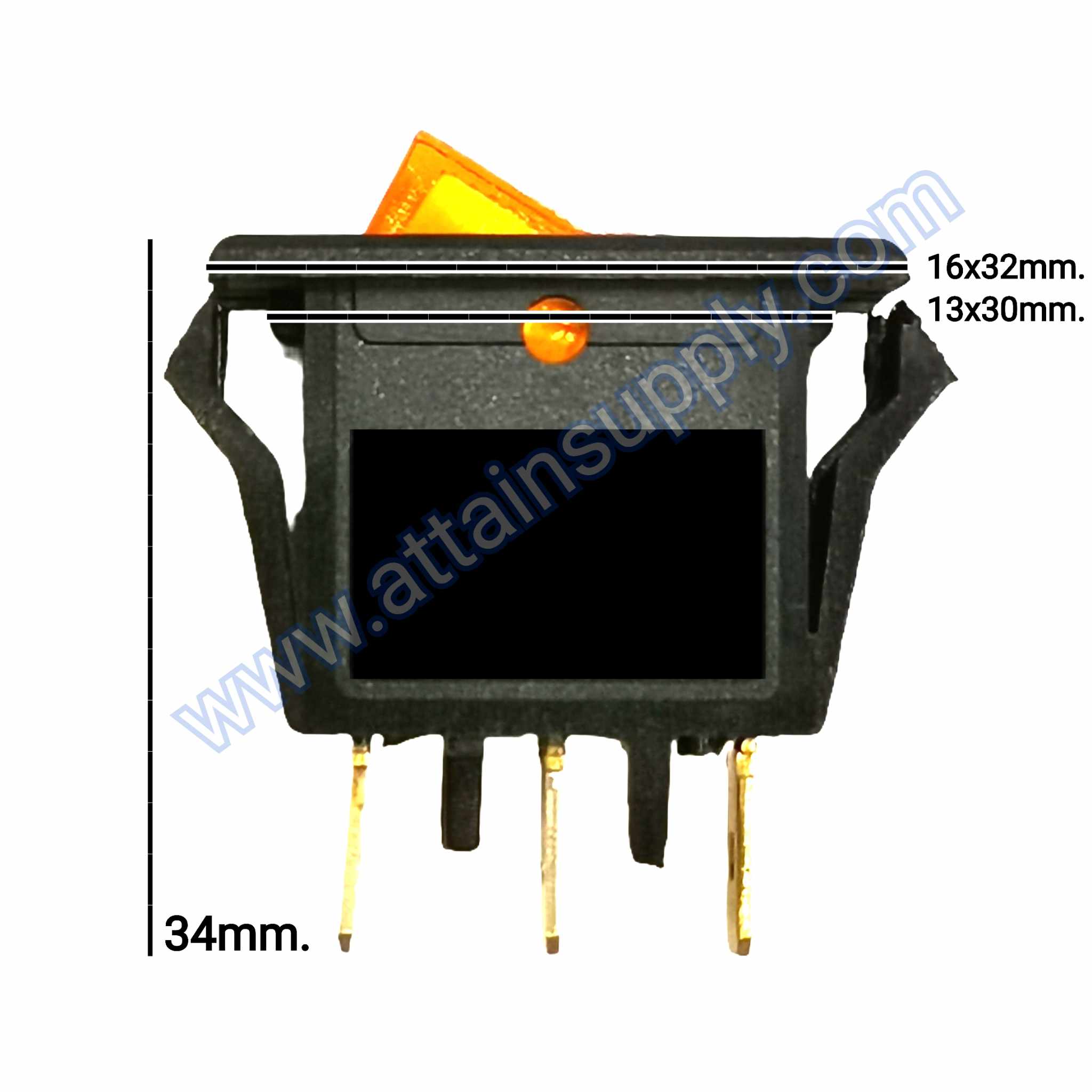 สวิทช์ IO เหลี่ยมบาง 220V./3ขา มีไฟ-สีเหลือง (หน้ากระดกตัดเหลี่ยม)