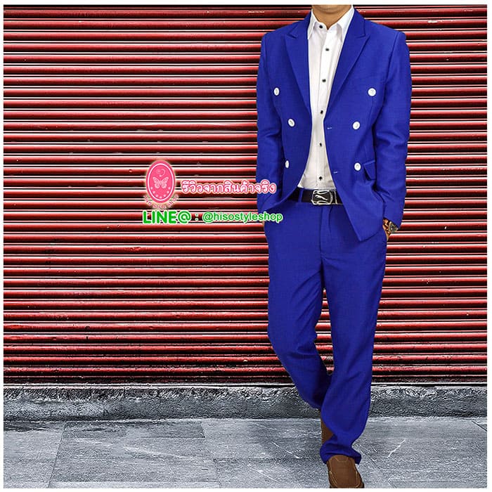 สูท,ชุดสูทเจ้าบ่าว,สูทผู้ชาย สีน้ำเงิน กระดุม 6 เม็ด พร้อมส่ง S,XL,2XL