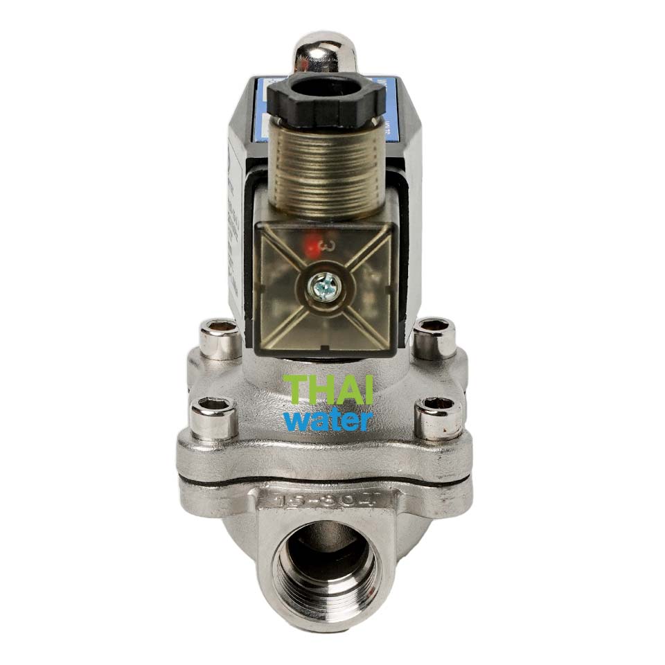 โซลินอยด์วาล์ว วาล์วไฟฟ้า วาวล์น้ำ วาล์วลม วาล์วสแตนเลส N/C 1/2" 220VAC Brand SILVERTEC แบบปกติปิด (N/C) เงิน