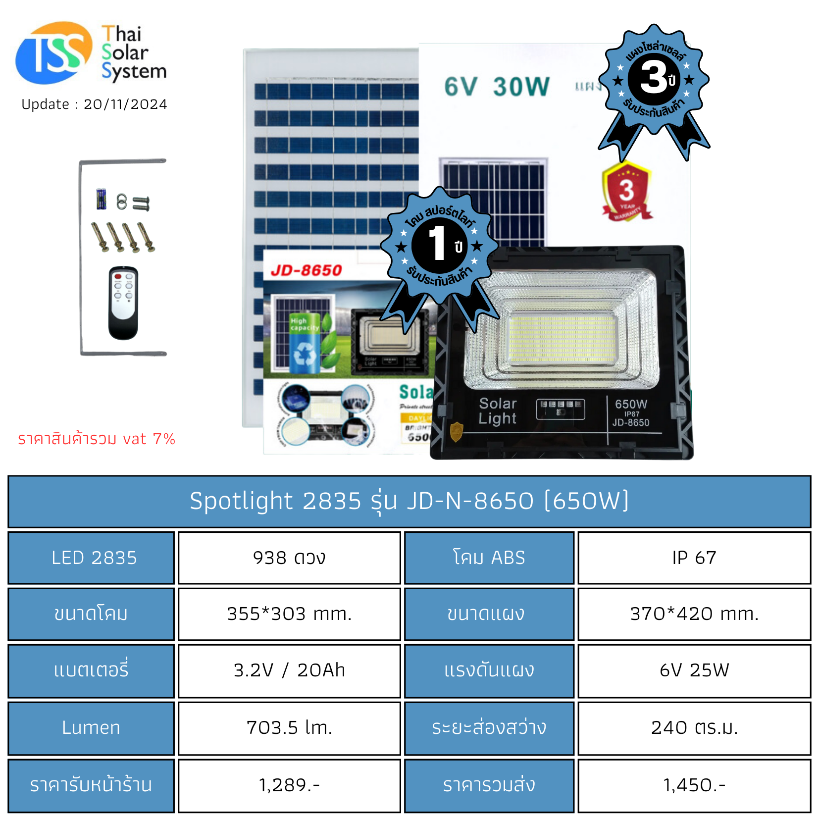 Spot Light โซล่าเซลล์ JD-N-8650 chip 2835 ขนาด 650w (ประกัน 1 ปี)