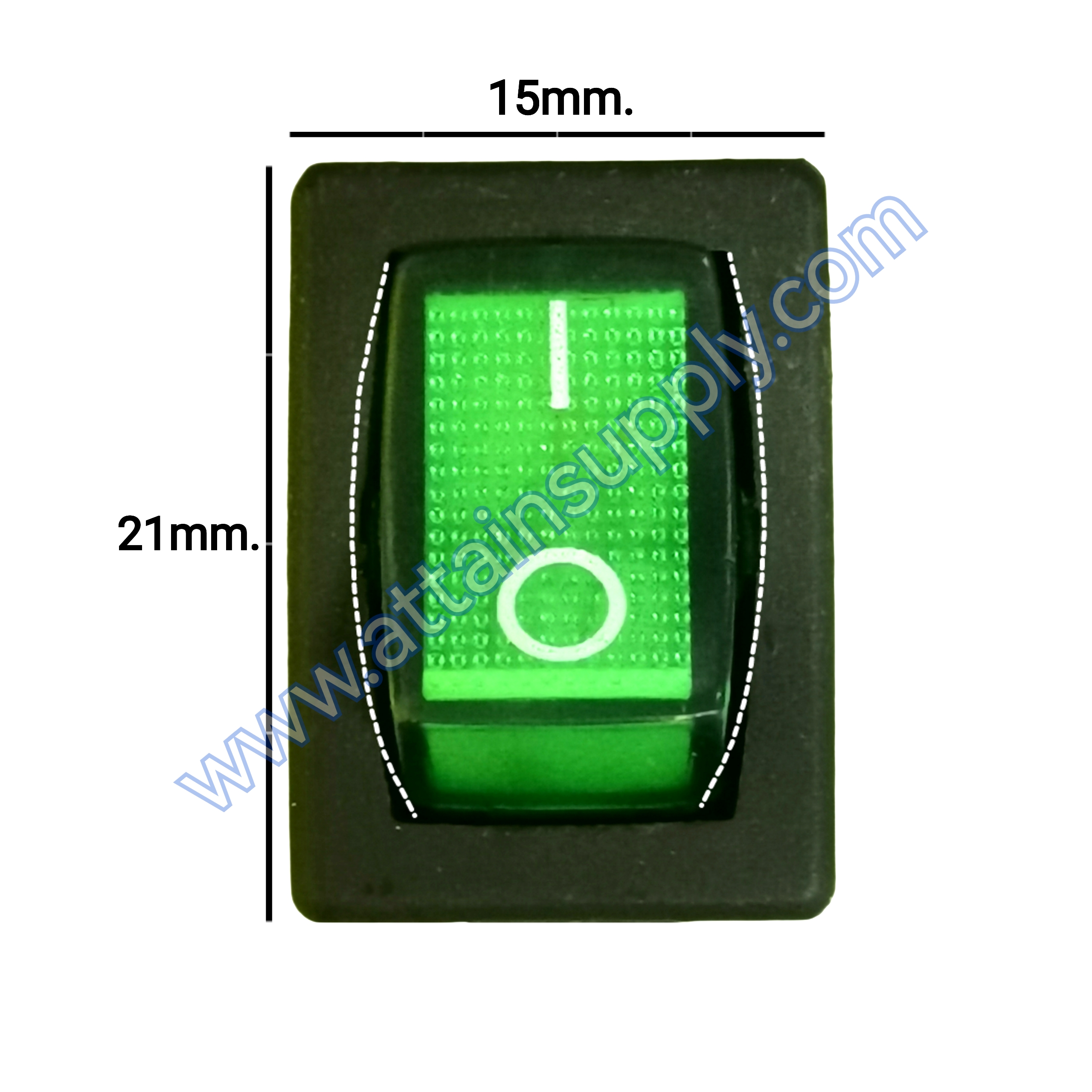 สวิทช์ IO เหลี่ยมเล็ก-หน้ามน 12V./3ขา มีไฟ-สีเขียว