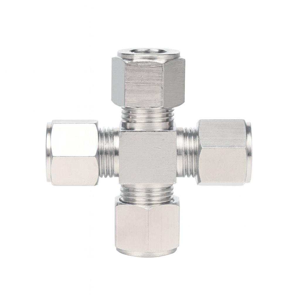 ข้อต่อแรงดันสูง 4 ทาง เกลียวขันน็อต