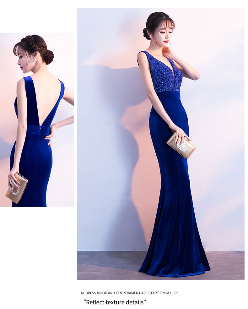 ชุดราตรียาว แขนกุด คอวี สีน้ำเงิน ช่วงบนร้อยลูกปัด ผ้ากำมะหยี่ ซิปหลัง พร้อมส่ง M