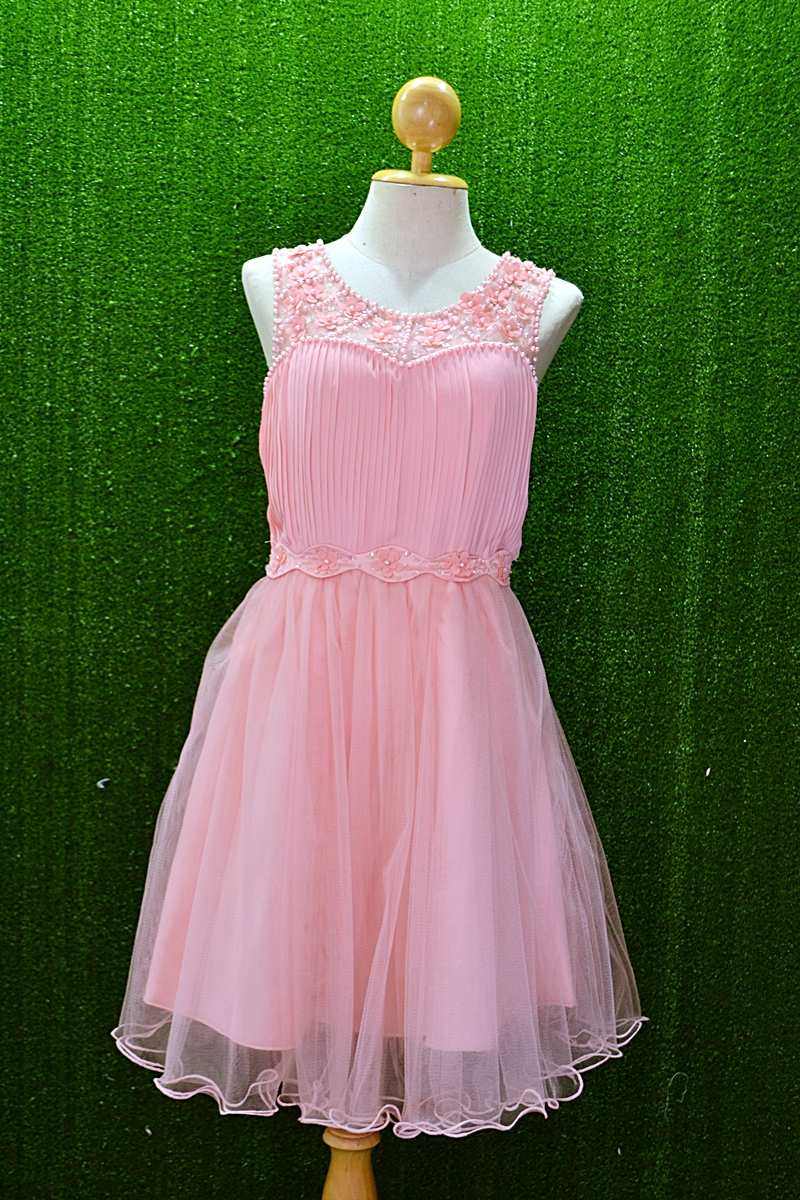 พร้อมส่ง S-3XL ชุดราตรีสั้น "สีโอรส" ปักมุขและดอกไม้ช่วงบน กระโปรงผ้าตาข่าย ร้อยชายกระโปรงด้วยเอ็น ซับในทั้งชุด