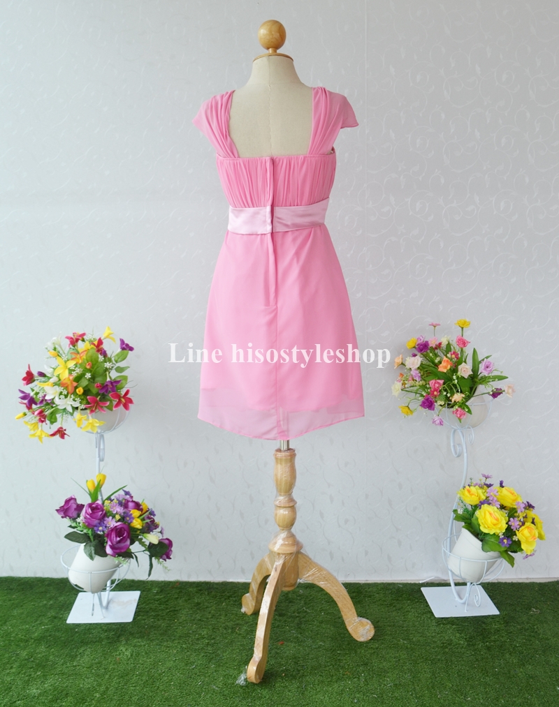 พร้อมส่ง Size L ชุดราตรีสั้น **สามารถใส่ได้7แบบ** ผ้าชีฟอง แต่งโบว์เข็มกลัดหัวใจที่เอว ซิปหลัง สำเนา