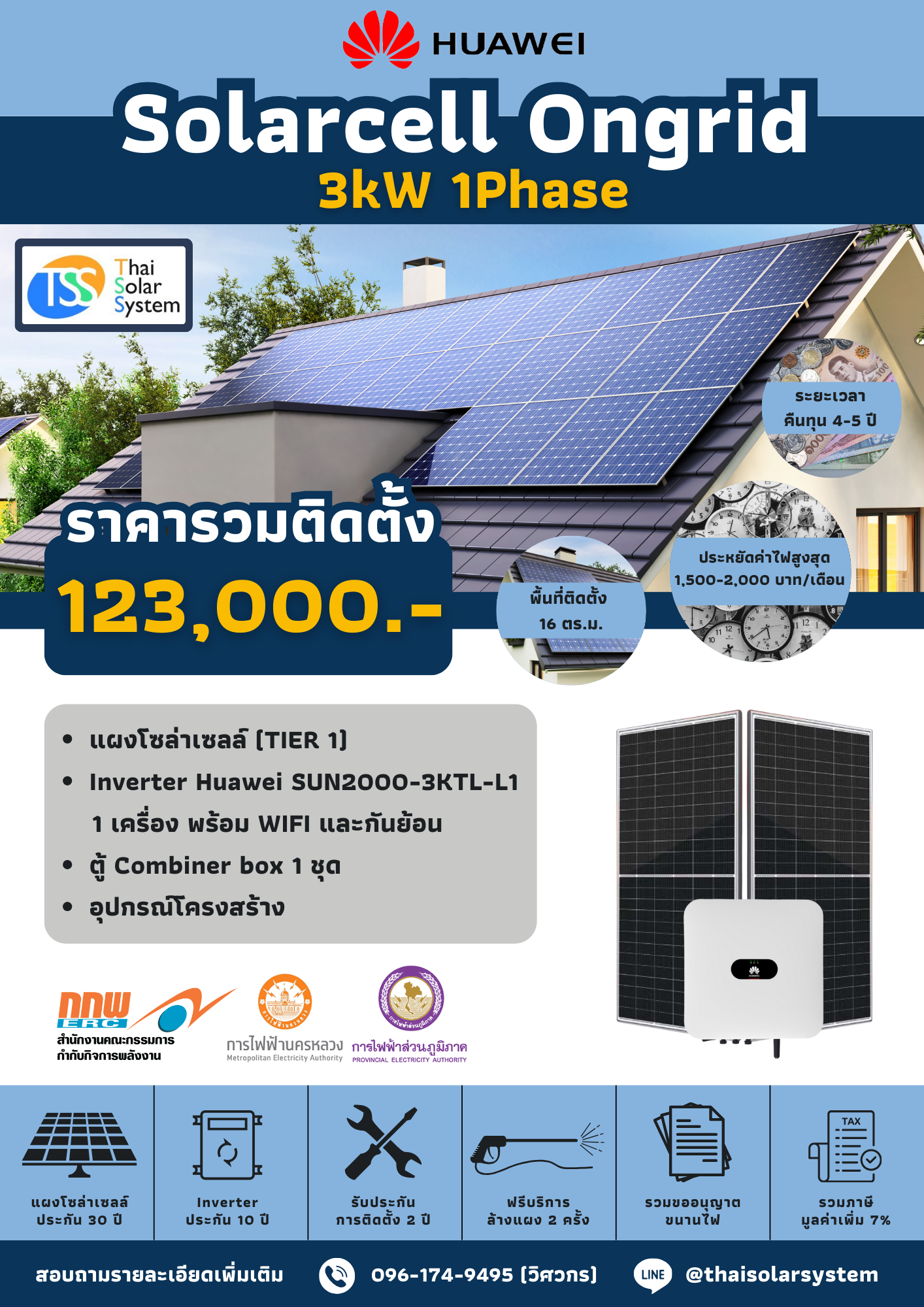 ชุด Ongrid HUAWEI 3K 1 phase พร้อมติดตั้ง(รับประกันอินเวอร์เตอร์ 10 ปี)