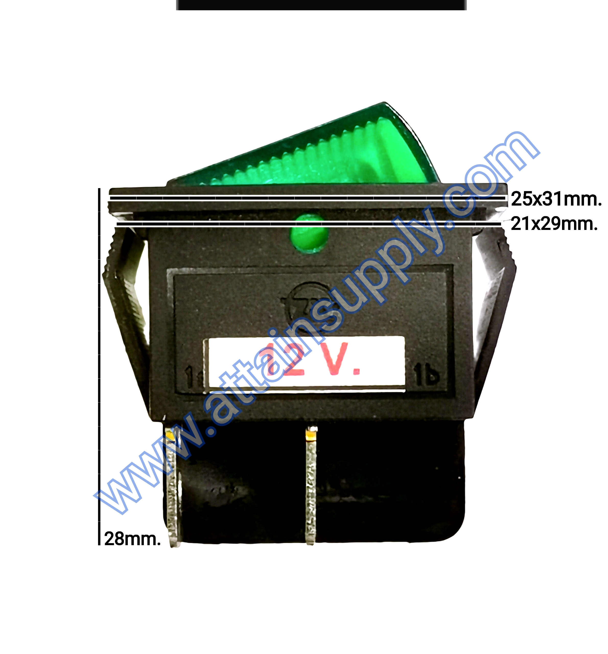 สวิทช์ IO เหลี่ยมใหญ่ 12V./4ขา มีไฟ-สีเขียว (แบบหนา)