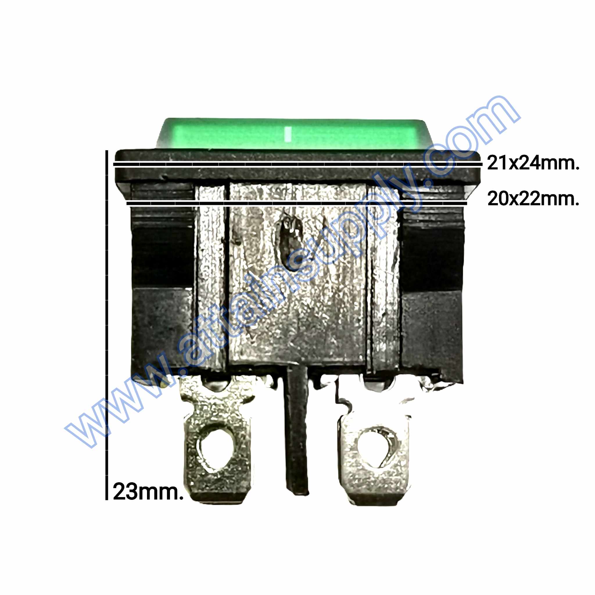 สวิทช์IOเหลี่ยม KCD5 4ขา/มีไฟ-สีเขียว (21x24MM.)