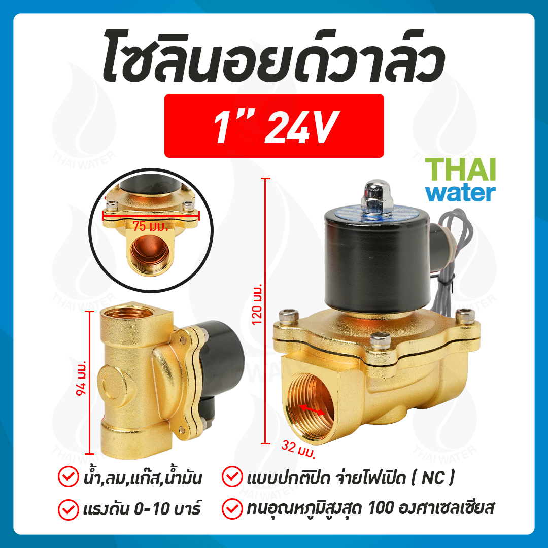 07-2W-08-1-24VDC-SY โซลินอยด์วาล์ว วาล์วไฟฟ้า วาวล์น้ำ วาล์วลม ทองเหลือง N/C 24V DC 1"