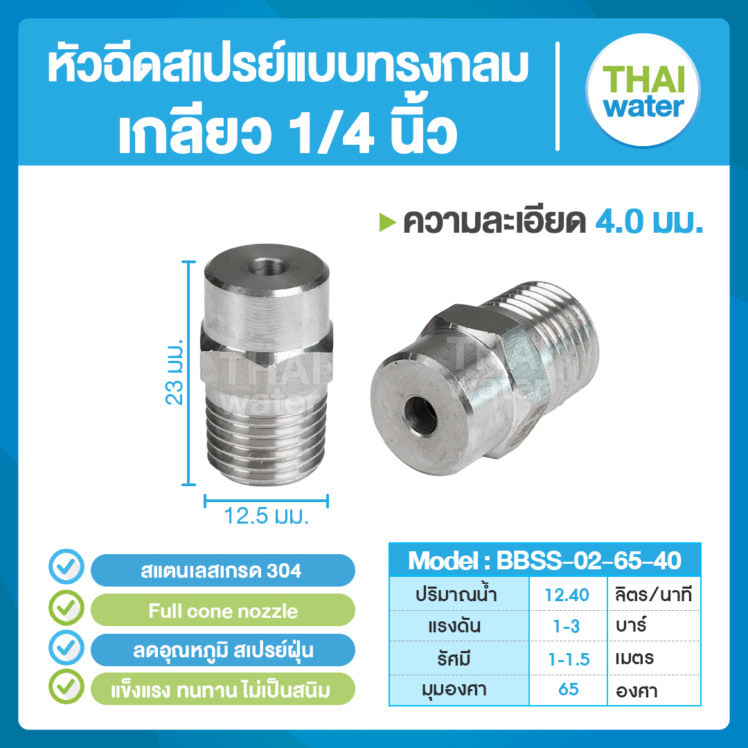 04-BBSS-02-6540 หัวฉีดสเปรย์แบบทรงกลม สแตนเลส เกรด 304 เกลียว 1/4 '' 4.0 มม. 65 องศา Full cone nozzle