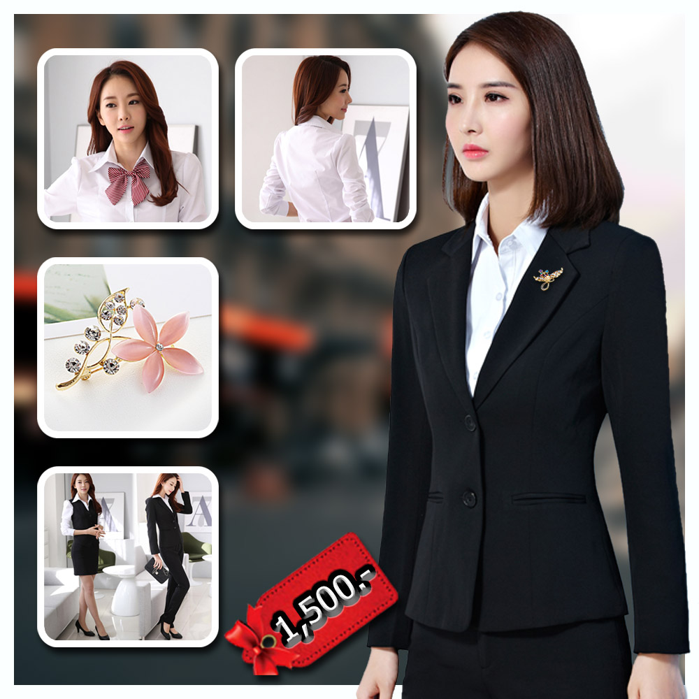 ชุดสูทผู้หญิง สีดำ ผ้าฮานาโกะ สูท+กางเกง+กระโปรง Size L **มีของแถม**