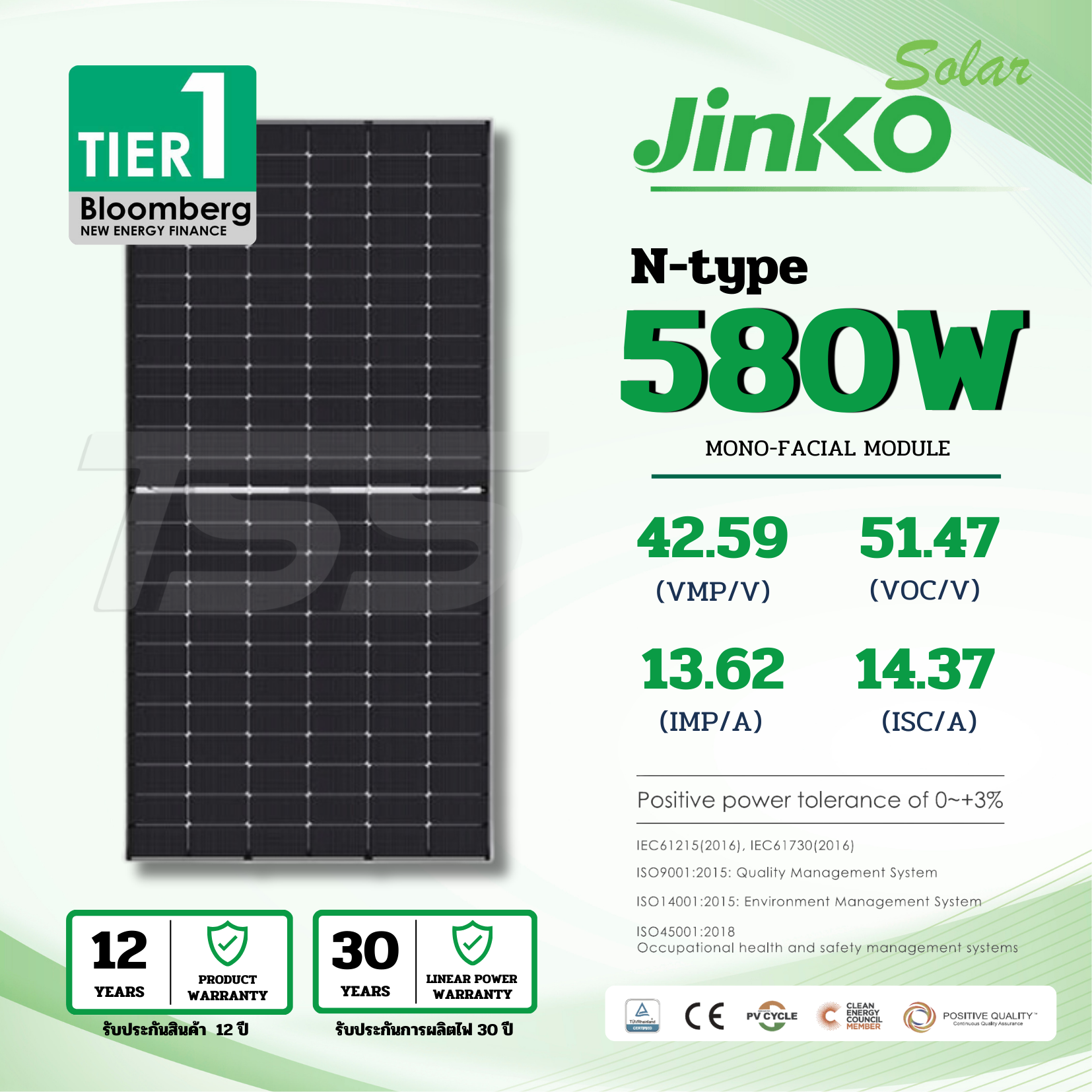 แผงโซล่าเซลล์ 580W Mono Jinko Half N-Type 2Glass (รับสินค้าหน้าร้านเท่านั้น)