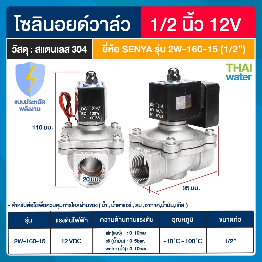 SENYA โซลินอยด์วาล์วสแตนเลส แบบประหยัดพลังงาน วาล์วน้ำ วาล์วลม วาล์วประหยัดพลังงาน IP65 N/C 12VDC 1/2"