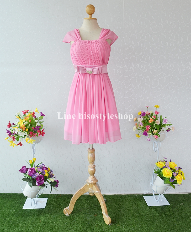 พร้อมส่ง Size L ชุดราตรีสั้น **สามารถใส่ได้7แบบ** ผ้าชีฟอง แต่งโบว์เข็มกลัดหัวใจที่เอว ซิปหลัง สำเนา