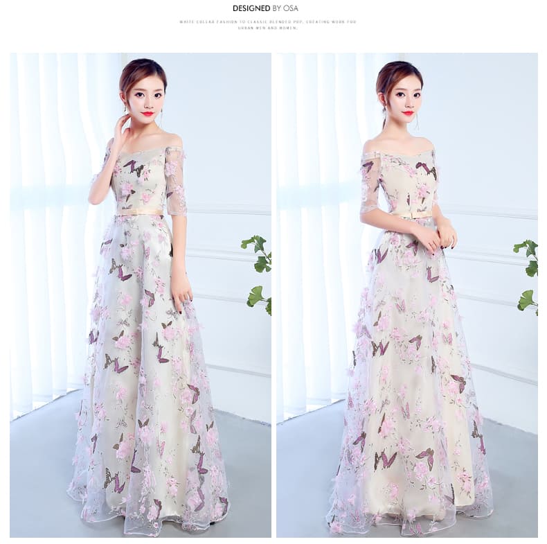 ชุดราตรียาว เปิดไหล่ สีชมพู Size 3XL ผ้าพิมพ์ลายผีเสื้อ ติดดอกไม้ลอย งานร้อยหลัง