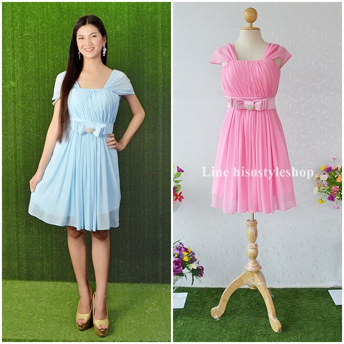 พร้อมส่ง Size 6XL ชุดราตรีสั้น **สามารถใส่ได้7แบบ** ผ้าชีฟอง แต่งโบว์เข็มกลัดหัวใจที่เอว ซิปหลัง